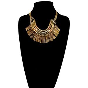 Iridescent Beaded Boho Global Golden Glam Fringe Statement Necklace | NWT
